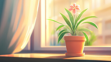 Detailed Macro Shot of a Potted Plant in Anime Manga Art Style