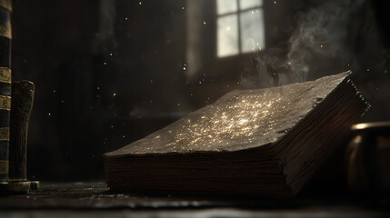 A dusty old spellbook lies open with faintly glowing pages in a dimly lit room filled with mystery and enchantment
