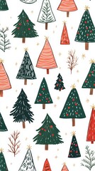 Vintage Christmas tree patterns on white background.