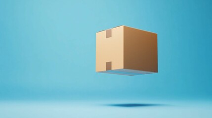 Fototapeta premium Delivery and movement cardboard box concept. A floating cardboard box against a light blue background, symbolizing shipping, delivery, and online shopping.