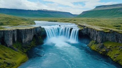 Fototapeta premium Discover the captivating beauty of Godafoss waterfall surrounded by lush greenery and clear blue water in Iceland's stunning landscape