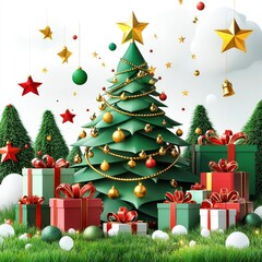 Festive Christmas Tree with Presents and Decorations in a Winter Wonderland Setting