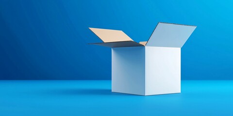 Delivery and movement cardboard box concept. A blue background highlights an open white box, suggesting themes of curiosity, unboxing, and potential.