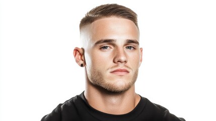 Obraz premium Stylish bearded man in black shirt, a monochrome portrait capturing masculinity and contemporary fashion photography