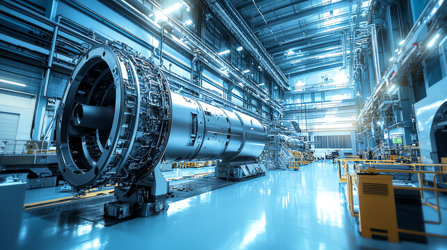 High-tech aerospace facility in Europe featuring advanced components and machinery for aircraft production and maintenance