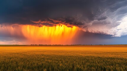 Dramatic Sunset Over Golden Wheat Fields with Storm Clouds and Torrential Rain in a Vibrant Sky Creating a Breathtaking Landscape for Nature Enthusiasts