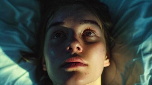 Close up portrait of a young woman lying in bed, illuminated by a dim light, her face expressing contemplation or insomnia as she stares upwards