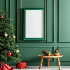 Fototapeta premium Christmas decorated Elegant green frame, empty white Mockup canvas, Blank Mock-up Frame Canvas, modern christmas celebration interior, wall art presentation mockup, Xmas Picture art frame