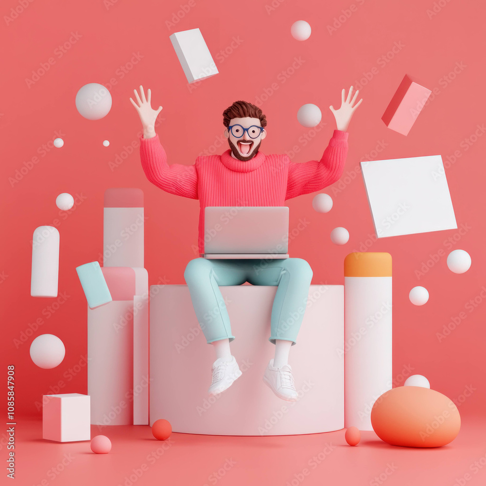 Poster joyful man with laptop in colorful 3d abstract scene
