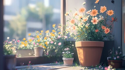 Beautiful Anime Manga Illustration of a Plant in a Pot Close-Up