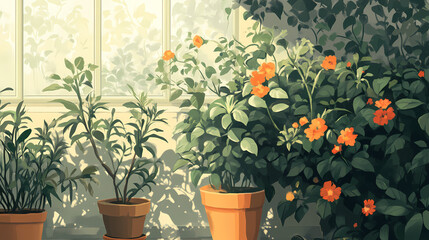 Beautiful Anime Manga Illustration of a Plant in a Pot Close-Up