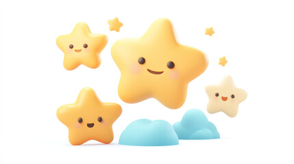 Obraz premium Cute yellow stars with smiling faces float above blue clouds