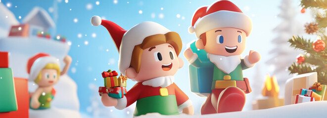Festive 3D characters celebrate Christmas with gifts and joy