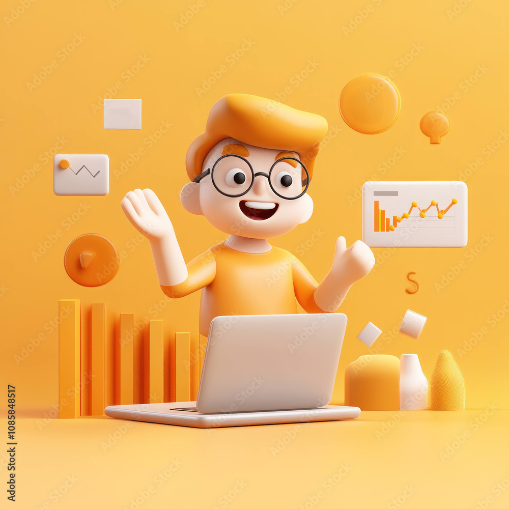Poster 3D character with laptop and charts in vibrant orange setting