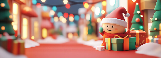 Festive 3D Christmas scene with gifts and lights in playful style