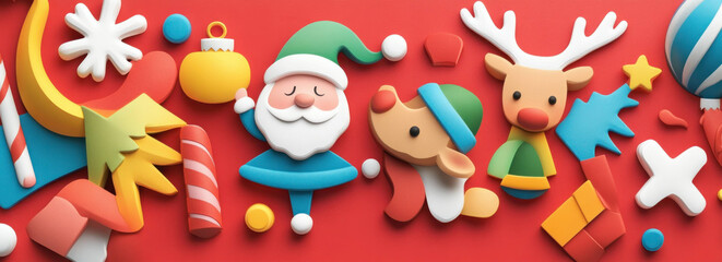 Fototapeta premium Festive 3D Christmas banner with Santa and reindeer on red background