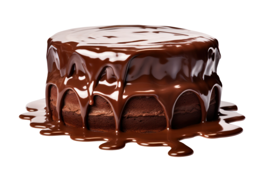 Thick, dark chocolate slowly dripping from the edge of a frosted cake. Isolated on white background