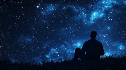 Obraz premium A person sits quietly in a grassy field at night, gazing at a star-filled sky illuminated by distant galaxies