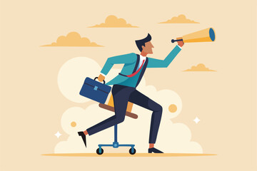 Fototapeta premium businessman rushing on office chair while looking through a telescope vector illustration.