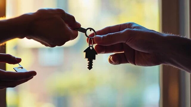 Two hands holding a key, one of which is a house key