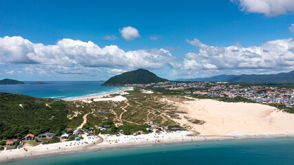 Praia de Ingleses. Aerial top view of a tropical island beach with white sand and emerald water in Brazil. Amazing pristine beach background with emerald water in a praia in Brazil. Bird's eye view