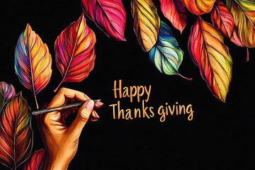 thanksgiving banner with artistic hand writing happy thanksgiving and autumn leaves