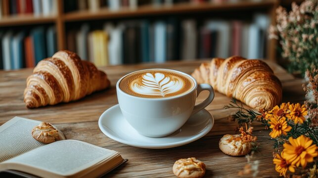 A cup of coffee latte art with a variety of flowers, cookies and croissants placed on a wooden table in the library, surrounded by delicate fairy light, the bookshelf is blurred