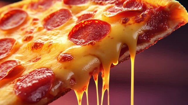 A slice of pepperoni pizza with melted cheese dripping from it