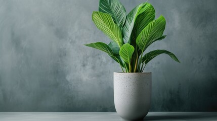 A vibrant indoor plant with green variegated leaves in a sleek grey pot against a textured background, embodying modern and minimalist design aesthetics.