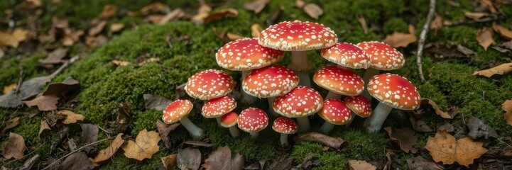 Obraz premium A cluster of vibrant red and white spotted mushrooms growing among moss and fallen leaves in a peaceful forest setting, outdoors, growth