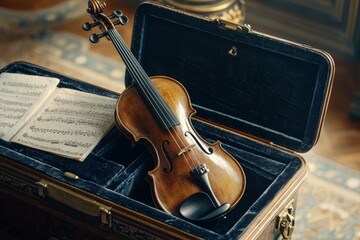 Naklejka premium A vintage violin rests elegantly in a plush-lined case beside sheet music, showcasing its craftsmanship and musical heritage.