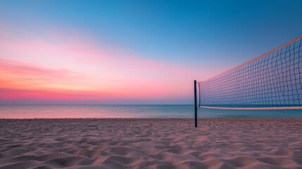 A serene beach scene at sunset, featuring a volleyball net and calm waves, reflecting vibrant colors in the sky.