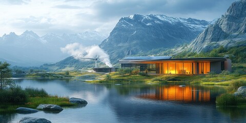 Naklejka premium Modern eco-friendly house by a serene lake in majestic mountains at sunset.