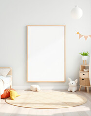 3D Render of Mockup Poster Frame in a Scandinavian-Style Kid’s Bedroom