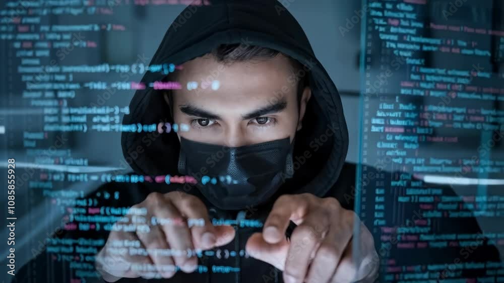 Poster a masked individual coding in a dark environment, focused on computer screens filled with code.