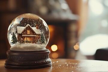 wooden house inside snow globe in the wooden table with cozy living room background