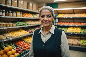 Obraz premium Close portrait of a smiling senior Egyptian female grocer standing and looking at the camera, Egyptian grocery store blurred background