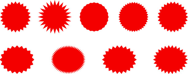 Red shopping labels collection. Sale or discount sticker. Starburst red sticker set. Special offer price tag. Supermarket promotional badge. Promo stickers with star edges. Vector