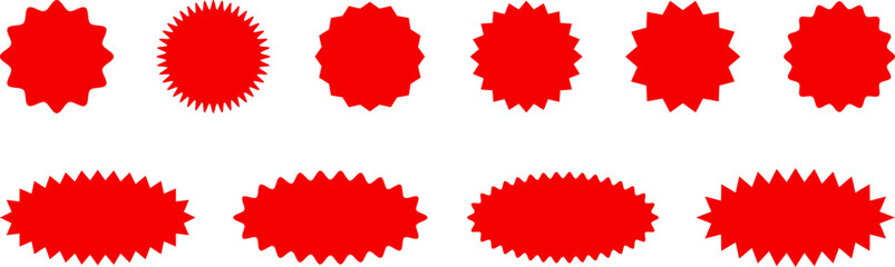 Red shopping labels collection. Sale or discount sticker. Starburst red sticker set. Special offer price tag. Supermarket promotional badge. Promo stickers with star edges. Vector