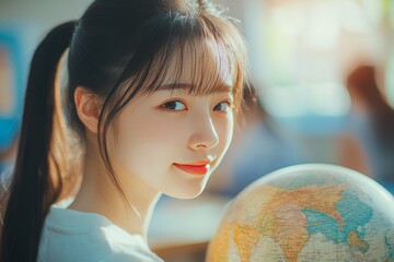 Fototapeta premium Asian girl engaged in geography studies with a globe in a vibrant classroom setting