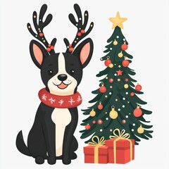 Festive Boston Terrier with Reindeer Antlers and Christmas Tree