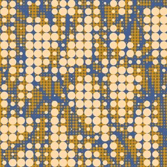 Seamless dotted pattern with beige and orange circles on an blue background. Vibrant, retro-style texture with a dynamic, layered effect. Modern design for wallpapers, textile, wrapping 