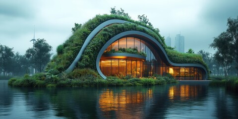 Eco-friendly futuristic house on a lake, covered in lush greenery, illuminated from within at dusk.
