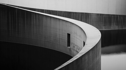 Abstract curved concrete wall with small window.