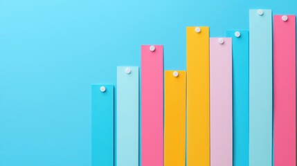 Business sales and algorithm concept. Colorful paper strips arranged in ascending order on a blue background, creating a vibrant visual representation of growth or progress.