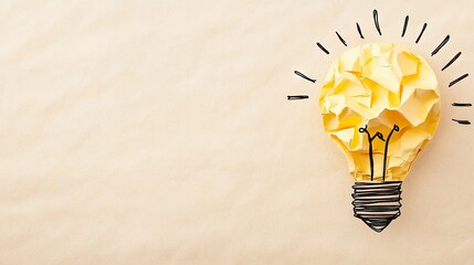 Crumpled paper light bulb illustration with leaf symbol evoking creativity and inspiration on a soft pastel background