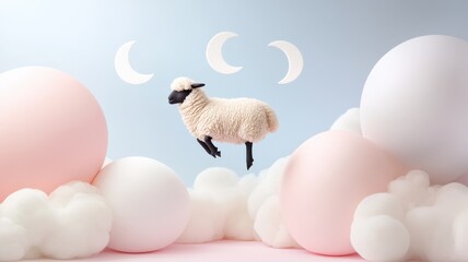 A whimsical sheep in a dreamy cloud scene.