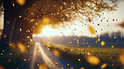 Golden Autumn Leaves Falling on a Sunlit Country Road