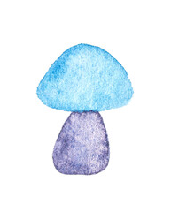 Whimsical watercolor mushroom with blue cap and purple stem on white background for playful nature designs.