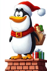 Jolly Penguin on Chimney with Christmas Gifts